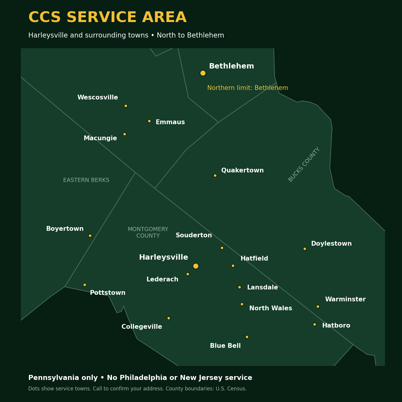CCS Pennsylvania service towns including Harleysville, Bethlehem, Pottstown, Boyertown, Macungie, Emmaus, Wescosville and select eastern Berks communities. Excludes Philadelphia and New Jersey.